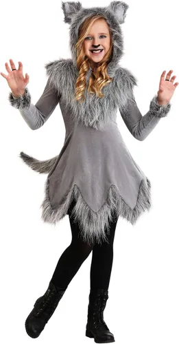 Vista 2 de Grey Wolf Costume Dress for Girls Werewolf Costumes with Fur Hood, Woodland Animal Outfit for Kids