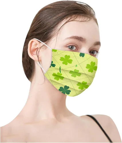 Vista 2 de Mascarillas desechables para el día de San Patricio para adultos, diseño de tréboles verdes irlandeses, decoración de la cara, 3 capas, no tejidas