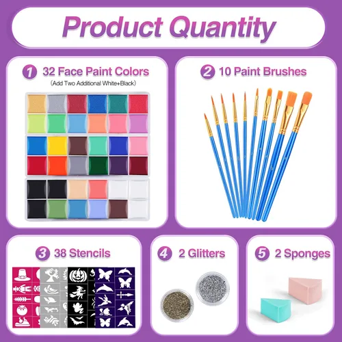 Vista 2 de VESPRO Kit de pintura facial para fiesta de adultos, 32 colores de aceite profesional para cara y cuerpo con 10 pinceles, 4 plantillas faciales