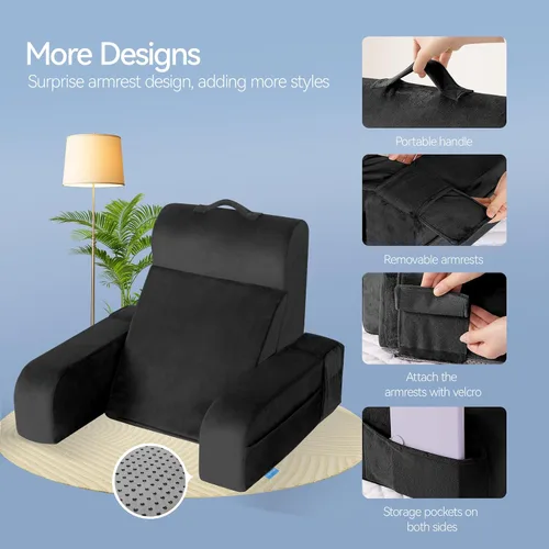 Vista 6 de Kayfia Almohada de lectura, almohada de espalda 10 en 1 para cama sentada con reposabrazos desmontable, respaldo con espuma viscoelástica de gel