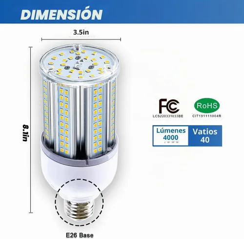 Vista 2 de Amazon - Bombilla LED de maíz de 35 W, base E26, 5000 lúmenes, 5000 lúmenes, 5000 K, luz diurna, 100 V ~ 277 V, bombilla para interior y exterior