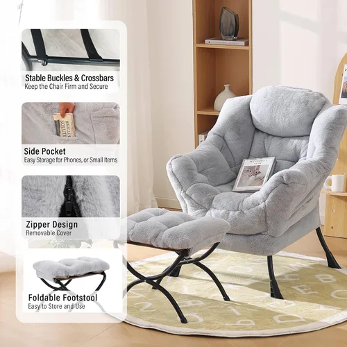Vista 5 de Furlide - Silla perezosa con otomana, cómoda silla de lectura para dormitorio, color gris Gris ceniza