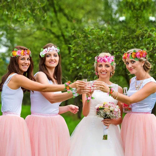 Vista 5 de 30 faldas de hierba hawaianas Luau Hula faldas hawaianas Leis flores, faldas de hierba, diadema, muñequeras, falda de hula tropical para niñas