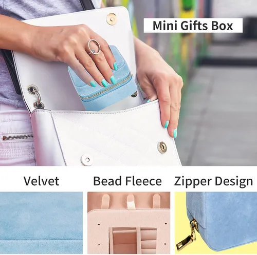 Vista 5 de Joyero de terciopelo de viaje con espejo, mini estuche de regalo para mujeres y niñas, pequeñas cajas organizadoras portátiles para anillos, aretes