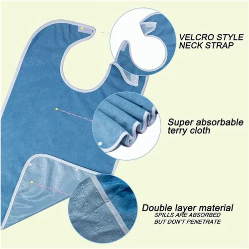 Vista 3 de Baberos adultos para comer, protector de ropa impermeable con paño de rizo premium (azul)