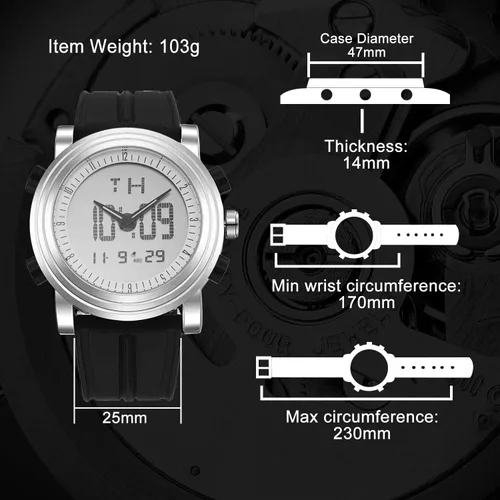 Vista 2 de BUREI - Reloj deportivo analógico digital con cronómetro, alarma, luz LED y correa de goma, para hombre