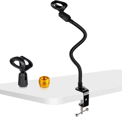 Vista 9 de Soporte de micrófono de escritorio de 13 pulgadas flexible con cuello de cisne para micrófono, soporte universal para micrófono/teléfono