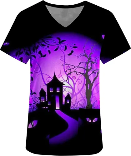 Vista 4 de Ropa quirúrgica para mujer, cuello en V, manga corta, estampado, cómodo, uniforme de enfermera con bolsillos