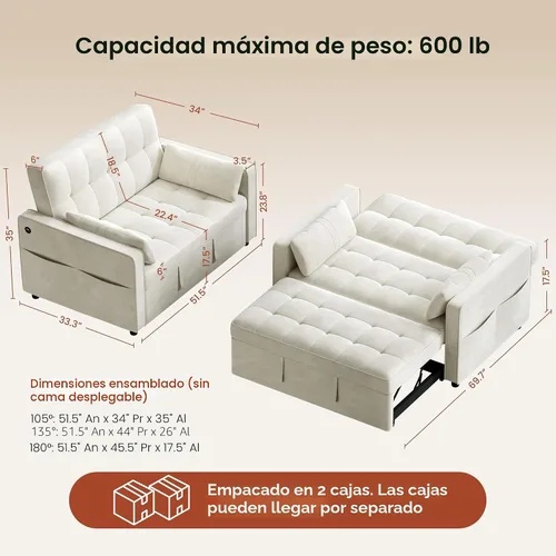 Vista 3 de Yaheetech Sofá cama convertible 3 en 1, sofá cama plegable de terciopelo con respaldo ajustable, almohadas para reposabrazos, puertos USB, bolsillos