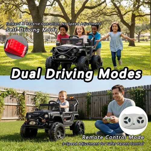Vista 5 de Vehículo de 12 V para niños estilo Jeep con control remoto, música e historias Bluetooth, faros LED, absorción de golpes, puertas dobles con Negro
