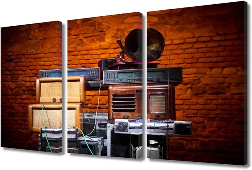 Vista 23 de TUMOVO Arte de pared de estilo retro, grupo de dispositivos electrónicos antiguos de radio, pinturas de imágenes, 3 piezas, lienzo, decoración