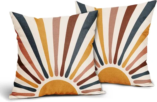 Vista 2 de Kawani - Juego de 2 fundas de almohada decorativas Boho Sunrise, diseño abstracto con rayas coloridas estilo bohemio, fundas de almohada modernas