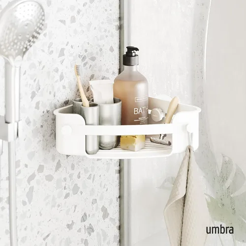 Vista 2 de Umbra Estante de esquina de ducha adhesivo flexible para baño, color blanco
