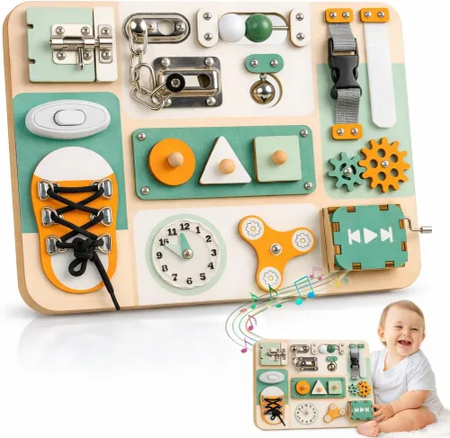 Vista 12 de KALOTOYS Tablero de actividades Montessori grande, juguetes sensoriales para niños de 1, 2, 3 años, habilidades motoras finas y aprendizaje Verde