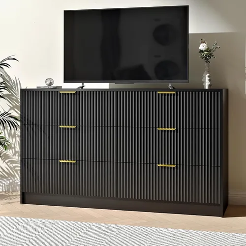 Vista 3 de Cómoda negra con 6 cajones profundos, cómoda acanalada de 55" de ancho para dormitorio con tirador dorado, cómoda moderna para armario, dormitorio
