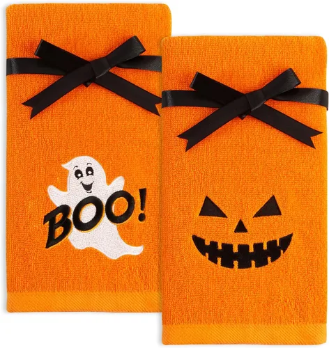 Vista 8 de Quera Paquete de 2 toallas de mano de Halloween, fantasma, color blanco y negro, juego de toallas decorativas para baño, para secar, limpiar