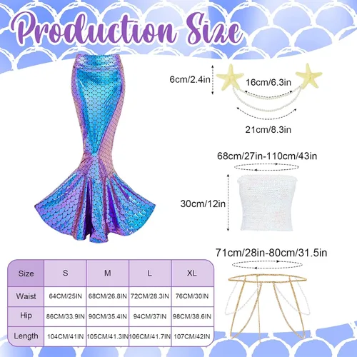 Vista 2 de Newcotte 4 Pcs Mermaid Costume for Women Sequin Tube Top Skirt Pearl Waist and Head Chain for Halloween Cosplay