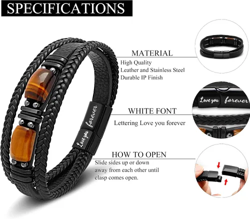 Vista 6 de Regalos únicos para el día del padre para hombres, pulsera de cuero para hombres, papá, novio, hijo, nieto, hermano, te amo para siempre, piedra