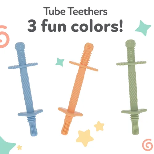 Vista 6 de Nuby Mordedores de Silicona Sensorial en Tubo - (Paquete de 3) Juguetes de Dentición Texturizados para Bebés y Lactantes - 3+ Meses - Naranja, Azul