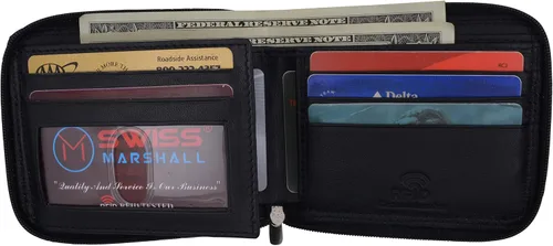 Vista 3 de Billetera plegable de piel con cremallera y bloqueo RFID para hombre, Negro -, Cartera Rfid