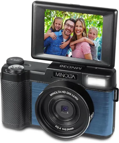 Vista 3 de Minolta MND30 30MP 2.7K QHD 3.0 "Pantalla LCD Cámara Digital, Negro con Tarjeta Micro SD y Bolsa de Cámara Slinger (azul)