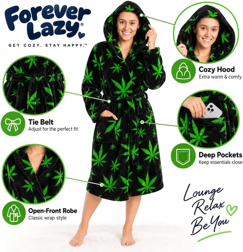 Vista 4 de Forever Lazy Bata de forro polar con capucha para mujeres y hombres, bata de baño de felpa coral de 3/4 de longitud Mary Jane