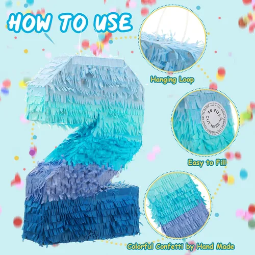 Vista 7 de Sratte Piñata Número 1 2 3 4 5 6 7 8 9 con Palo, Venda para los Ojos, Confeti, Piñata Azul Degradado para Niños y Niñas Fiestas de Cumpleaños