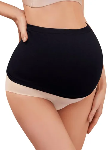 Vista 3 de OYOANGLE Ropa interior de maternidad para mujer, 2 piezas, soporte para el vientre, ropa interior, Negro albaricoque