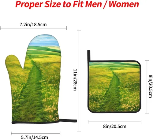 Vista 4 de Grassland Paths Oven Mitt and Pot Holder Set Heat Resistant 4-Piece Set, Suitable for Kitchen Cooking Baking Grill Chef Gift