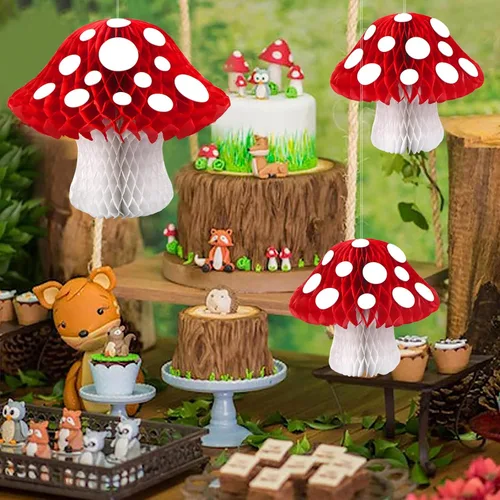 Vista 6 de 3 piezas de decoración de panal de hongos en forma de hongo en forma de pompones, decoraciones para fiesta de cumpleaños temática de selva del país