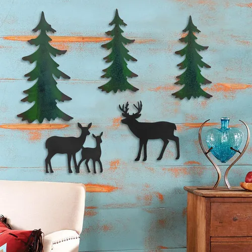 Vista 4 de Limygus Arte de pared de metal, decoración de pared de pino y ciervo, decoración de bosque colgante, arte de metal antiguo, decoración de pared