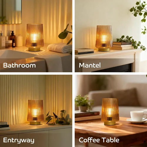 Vista 6 de Lámpara a pilas con temporizador, juego de 2 pequeñas y acogedoras lámparas de mesa decorativas de vidrio ambiental para mesita de noche y Ámbar