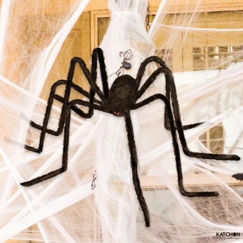Vista 4 de KatchOn, Araña gigante peluda negra de Halloween, 6.5 pies, araña falsa plegable para decoración de Halloween al aire libre Decoración de verano