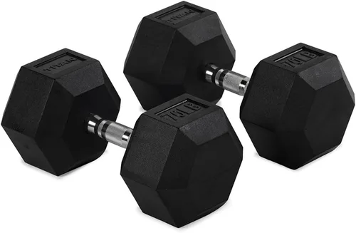 Vista 17 de Titan Fitness Pair Rubber Coated Hex Dumbbells, Roll-Resistant Hexagonal Free Weights, Chrome-Coated Handles with Knurling, Strength Training