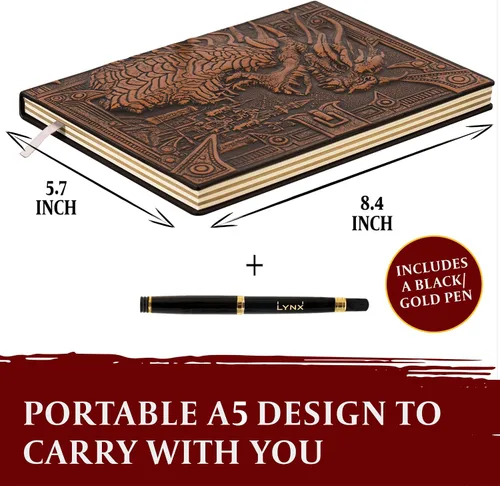 Vista 3 de Cuaderno / Diario DND, Libro Único de 200 Páginas con Cubierta de Falso Cuero con Dragón de Bronce en 3D con Lápiz - Ideal para Dungeons & Dragons