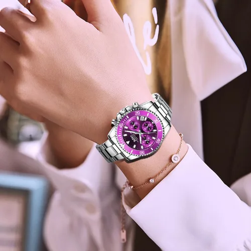 Vista 3 de FANMIS Reloj de pulsera para mujer, elegante, con bisel giratorio, cristal mineral, luminoso, de acero inoxidable, impermeable, fecha, analógico