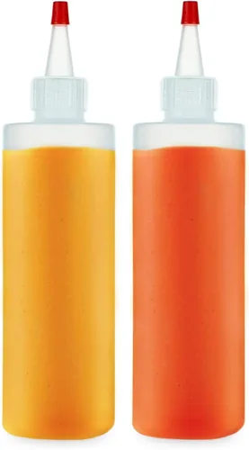 Vista 2 de BRIGHTFROM Botellas exprimibles para condimentos, 8 onzas, tapa superior roja, a prueba de fugas, para salsa de tomate, mostaza, jarabe, salsas