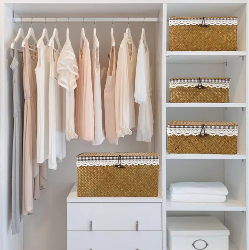 Vista 6 de Hipiwe Cesta de Mimbre Tejida con Forro Removible de Seagrass Natural, Cesta de Almacenamiento Multiusos con Tapa para Organizar para Baño, Armario