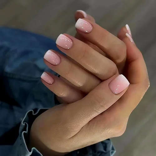 Vista 8 de Uñas postizas a presión degradadas con purpurina de longitud corta, uñas postizas en forma de ataúd con diseño de hojas de corazón, 24 uñas postizas