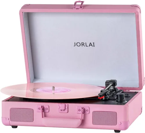 Vista 8 de Reproductor de discos de vinilo rosa de 3 velocidades portátil en maleta con altavoces duales integrados, gramófono Bluetooth con batería