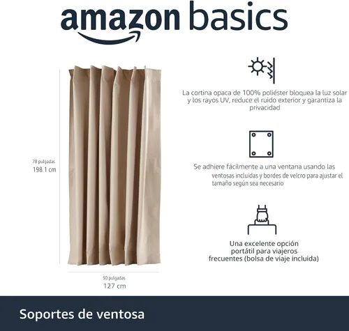 Vista 2 de Amazon Basics Cortina opaca portátil con ventosas, 50 pulgadas de ancho x 78 pulgadas de largo, paquete de 1, beige