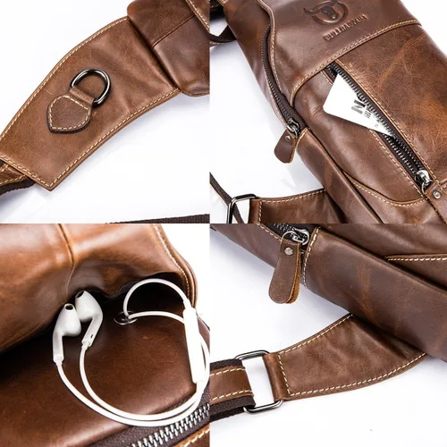 Vista 5 de Bolso bandolera de cuero genuino para hombre, mochila cruzada para el hombro, resistente al agua, antirrobo, para viajes, senderismo, escuela, Marrón