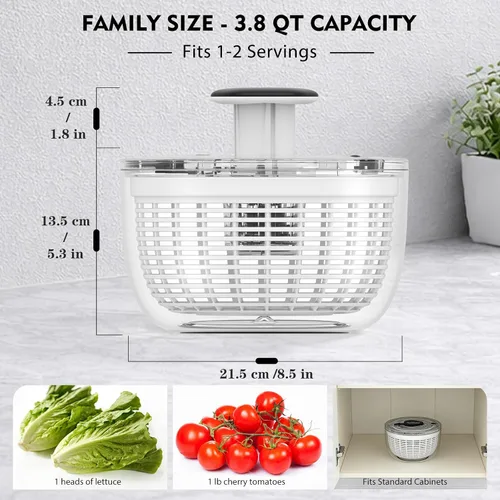Vista 2 de Ourokhome Centrifugadora de Ensalada Secadora de Lechuga, Secadora de Vegetales Grande de Presión Fácil con Una Mano, Mezcladora de Ensalada
