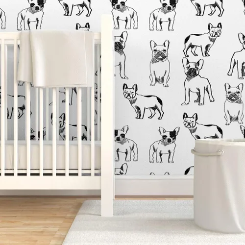 Vista 6 de Despegar y pegar papel tapiz muestra – Bulldog francés negro blanco perros Frenchie monocromo lindo cachorro papel pintado personalizado extraíble