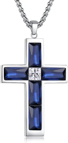 Vista 8 de Collar de cruz con piedra de nacimiento para hombre, collar de cruz de acero inoxidable 316L con colgante de cruz de circonia cúbica para mujer