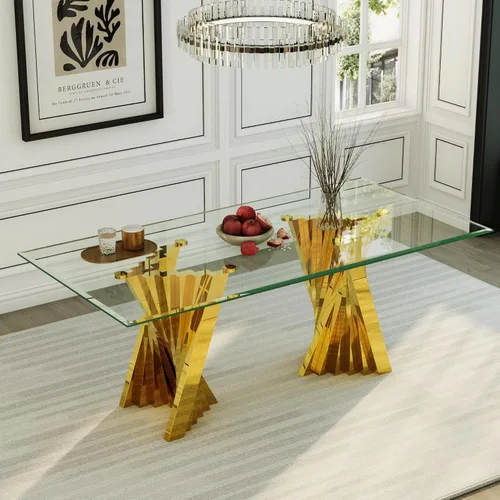 Vista 11 de Mesa de comedor de cristal, mesa de cocina rectangular plateada de Plateado