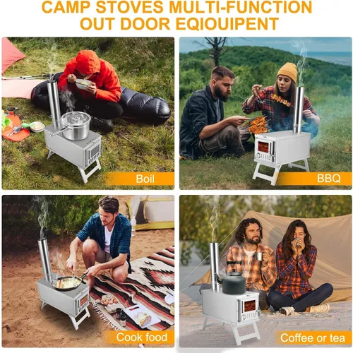 Vista 4 de Estufa de tienda de campaña de acero inoxidable 304, ultraligera, plegable, portátil, estufa de leña con tubos de chimenea y amortiguador giratorio