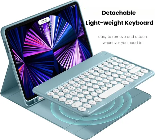 Vista 3 de Funda de teclado para Galaxy Tab A8 de 10.5 pulgadas, funda con soporte de teclas redondas delgadas de color caramelo dulce con soporte para S Pen