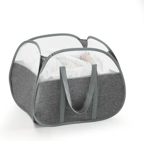 Vista 10 de TECHMILLY Cesta plegable de malla con asas fuertes, cesta de ropa de gran apertura con bolsillos laterales, cestas de almacenamiento para Blanco
