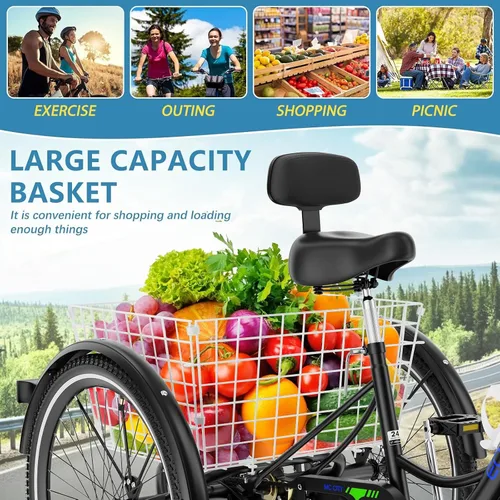 Vista 8 de NAIZEA Triciclo para adultos, bicicleta de crucero de tres ruedas de 7 velocidades, triciclos para adultos de 20/24/26 pulgadas, bicicletas de 3